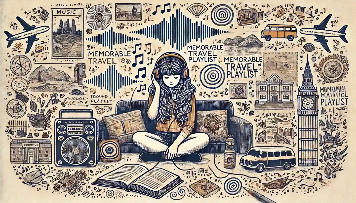 A girl sits in headphones, listening to a memorable playlist from a journey.