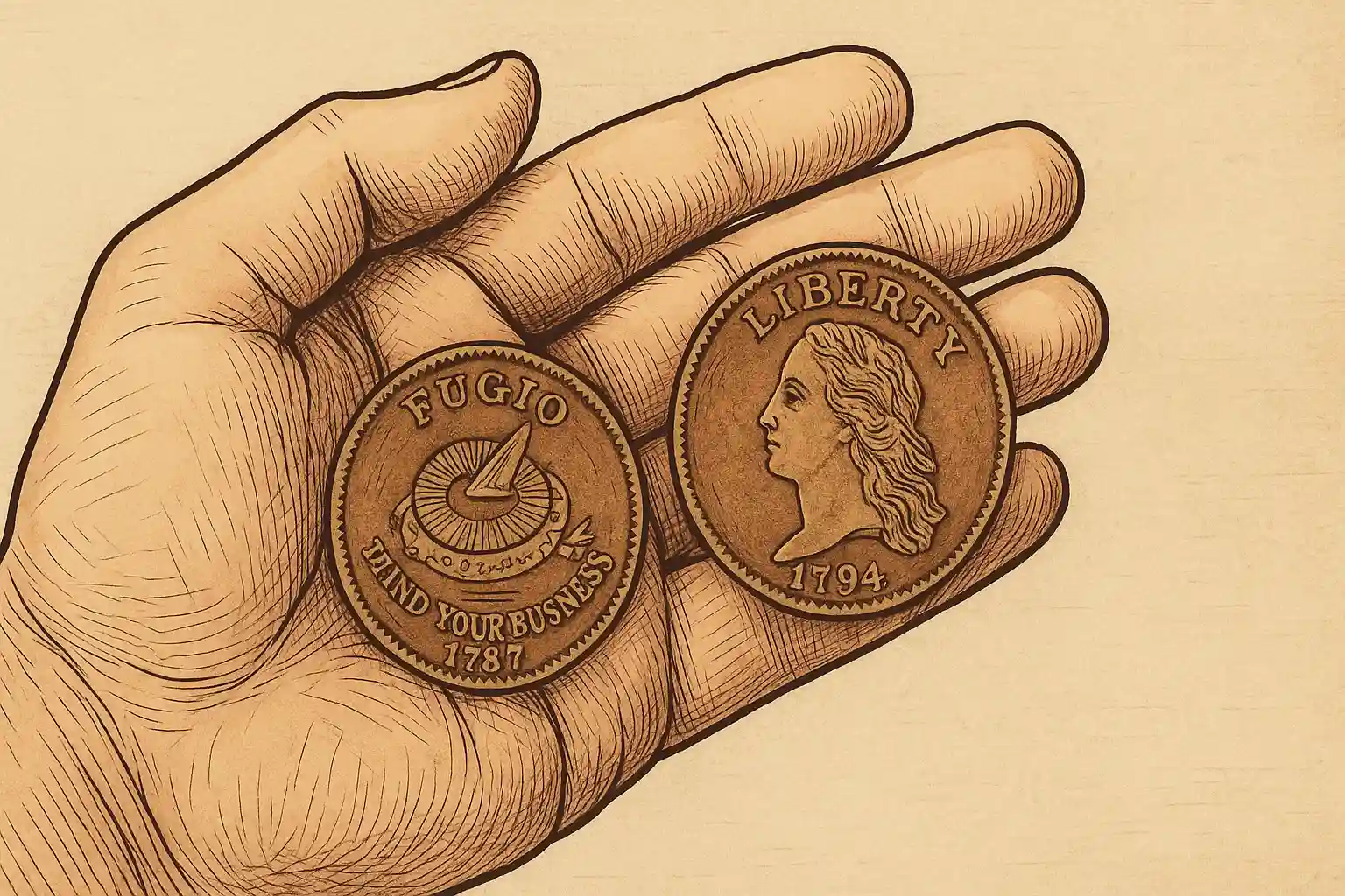 A hand is holding a couple of antique XVIII century US coins.