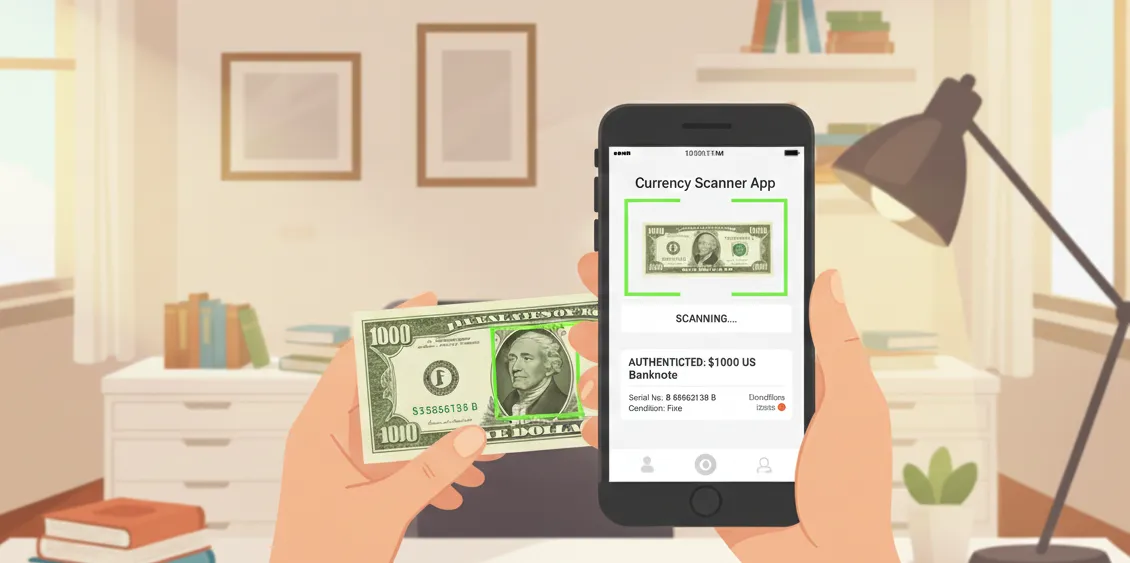 close-up look of a hand holding a phone and scanning the $1000 bill with the phone